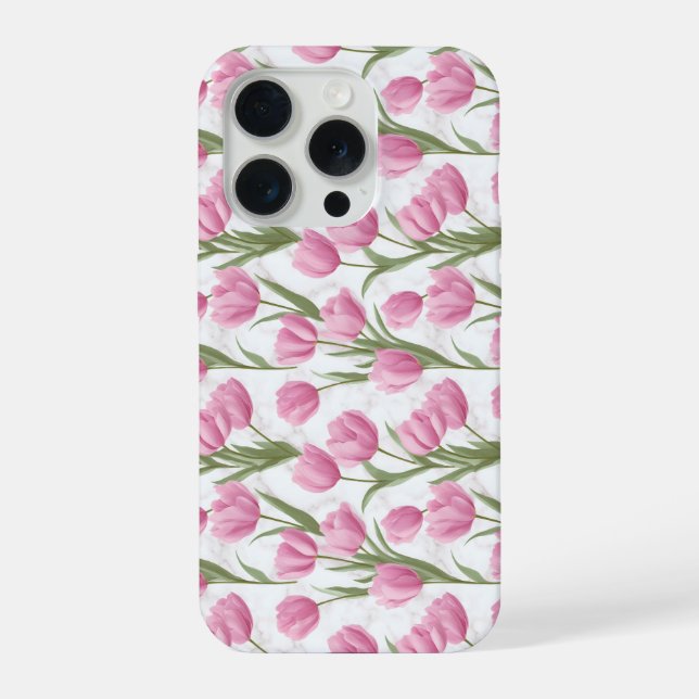 Moderne rosa Tulpe weißes Blumenmuster iPhone Hülle (Rückseite)