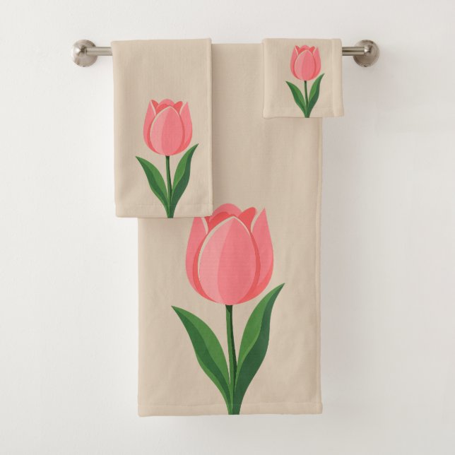Moderne rosa Tulpenblume auf hellbeigem Hintergrun Badhandtuch Set (Insitu)
