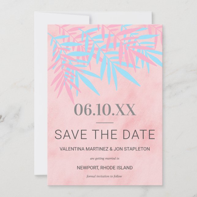 Moderne rosa und blaue Palmenbaum Trendy Save The Date (Vorderseite)