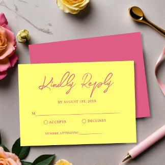 Moderne rosa und buttergelbe Hochzeit RSVP Karte