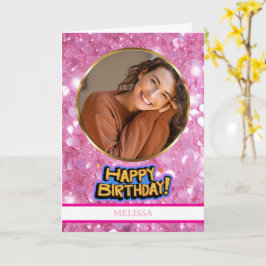 Moderne rosa und goldene Glitter-Foto- und Namens- Karte