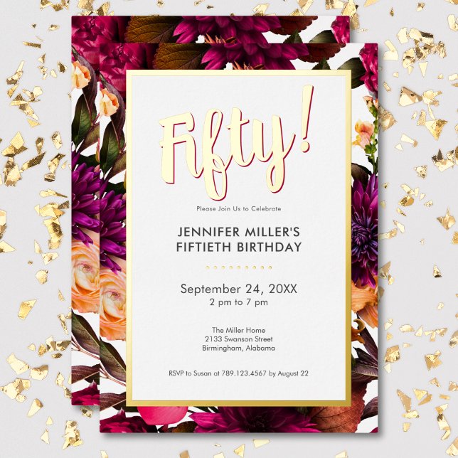 Moderne Rosa- und Goldfolie Blüte 50. Geburtstag Folieneinladung (Modern Pink & Gold Foil Floral 50th Birthday Foil Invitation)