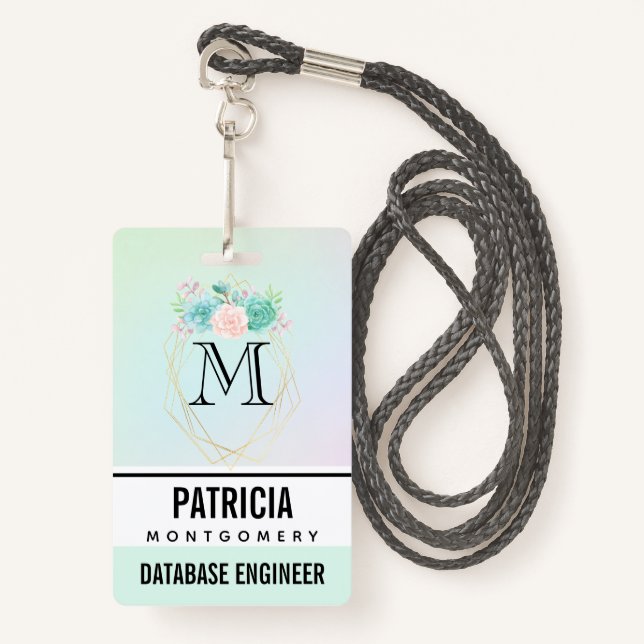 Moderne rosa und grüne Aquarellfarben Ausweis (Vorderseite mit Schlüsselband)