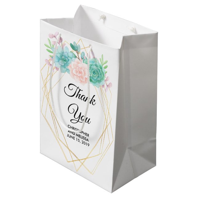 Moderne rosa und grüne Aquarellfarben Mittlere Geschenktüte (Vorderseite Schrägansicht)