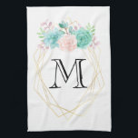 Moderne rosa und grüne Aquarellfarben - Monogramm Geschirrtuch<br><div class="desc">Ein Aquarelltuch, das Bouquet spendet. Diese köstlichen Blume, Blätter und Krawatten sind in sanften Pastellrosa und minzgrün gehalten. Ein trendiger geometrischer Rahmen mit einem Imitat mit goldenen Rahmen umschließt Ihren Text.</div>