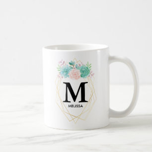 Moderne rosa und grüne Aquarellfarben - Monogramm Kaffeetasse