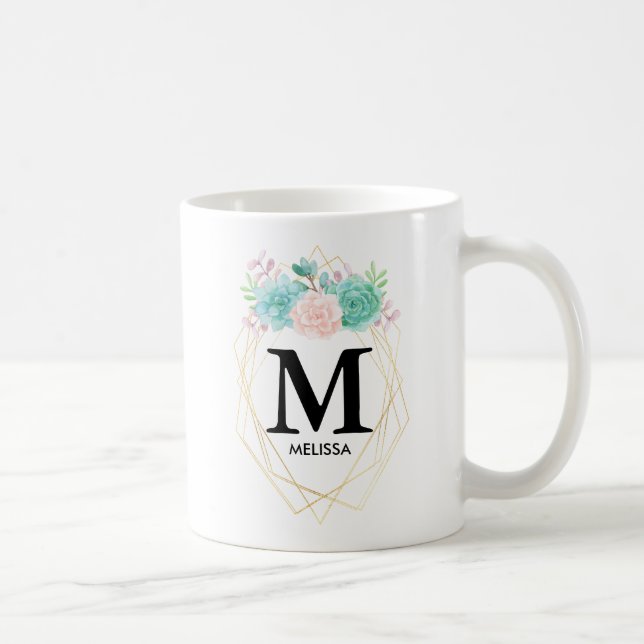 Moderne rosa und grüne Aquarellfarben - Monogramm Kaffeetasse (Rechts)