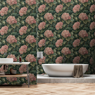 Moderne rosa und grüne Hydrangea-Peel Tapete