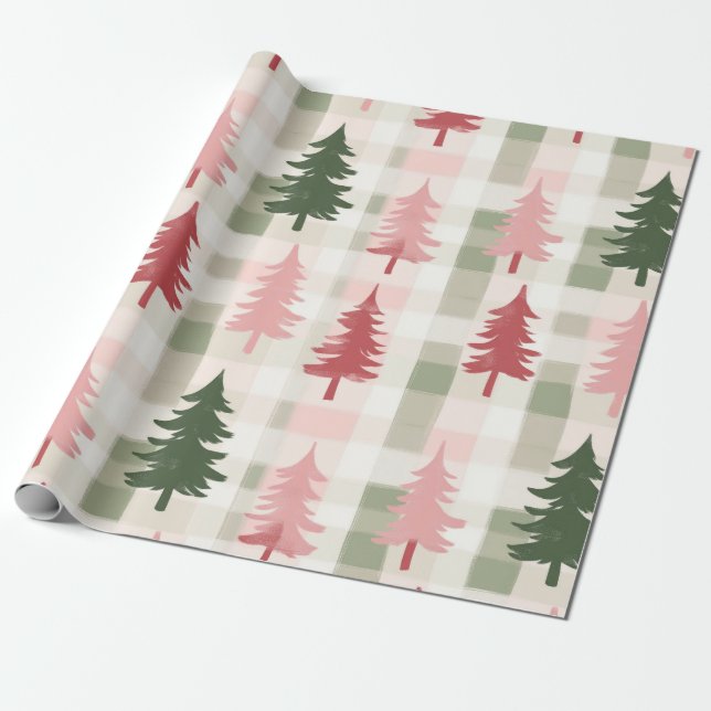 Moderne rosa und grüne Tannen-Baum Plaid Weihnacht Geschenkpapier (Ungerollt)