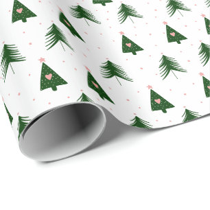 Moderne rosa und grüne Weihnachtsbäume Feiertage Geschenkpapier