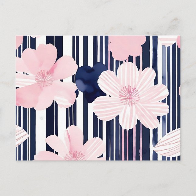 Moderne rosa und navy-florale Streifen Postkarte (Vorderseite)