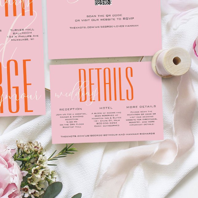 Moderne Rosa- und Orangefarbene Einladungen für Ho (Modern unique bold pink and orange typography simple colorful wedding invitation custom details card)