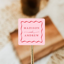 Moderne Rosa- und Rot-Wavy-Rahmen-Hochzeit Quadratischer Aufkleber