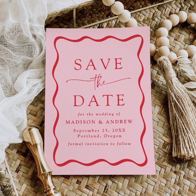 Moderne Rosa- und Rot-Wavy-Rahmen-Hochzeit Save The Date (Von Creator hochgeladen)