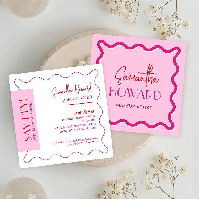 Moderne rosa und rote Retro-Stilelemente für Künst Quadratische Visitenkarte (Von Creator hochgeladen)