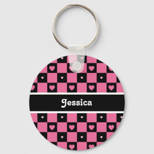 Moderne rosa und schwarze karierte Herzen mit Schlüsselanhänger