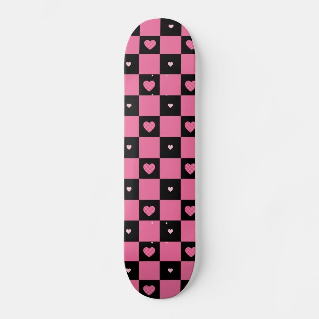 Moderne rosa und schwarze Schachbrett Muster Girly Skateboard (Vorderseite)