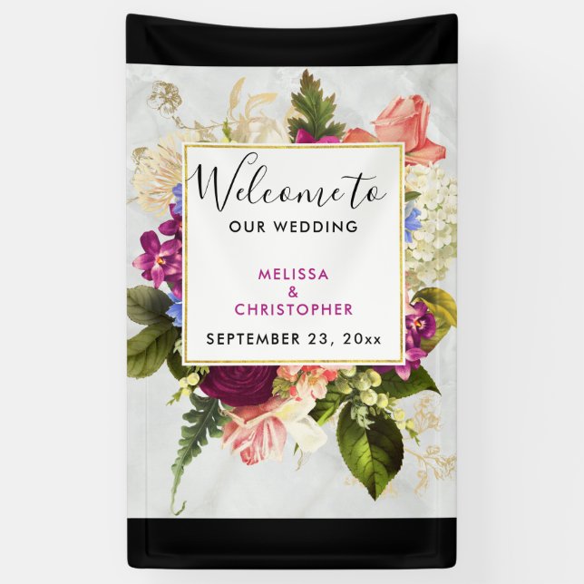 Moderne Rosa und Weiß Wasserfarbe Florals Hochzeit Banner (Vertikal)