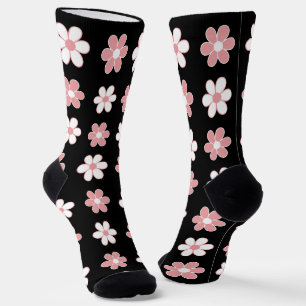 Moderne rosa und weiße Blumen auf schwarzen Socken