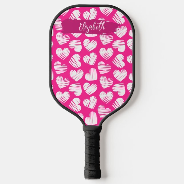 Moderne rosa und weißes doodled Herz Valentine Nam Pickleball Schläger (Vorderseite)