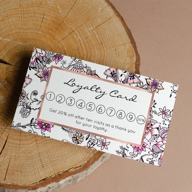 Moderne rosa violette Schwarz-weiße Blumendarstell Treuekarte (Modern pink violet black white floral illustration)