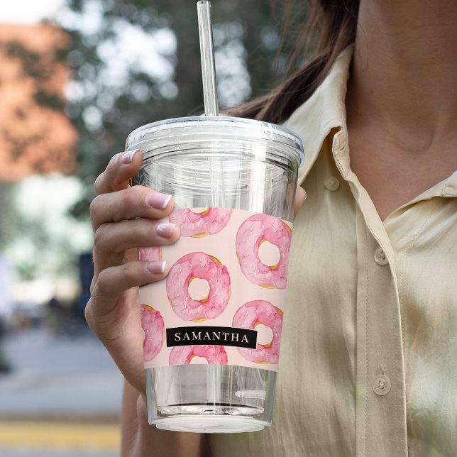 Moderne rosa WasserfarbenDonuts Muster mit Namen Acryltrinkbecher (Von Creator hochgeladen)