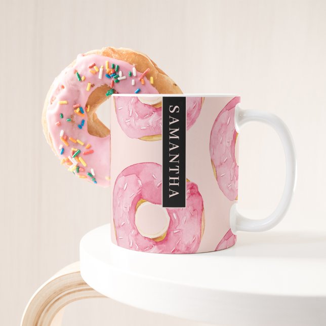 Moderne rosa WasserfarbenDonuts Muster mit Namen Kaffeetasse (Von Creator hochgeladen)