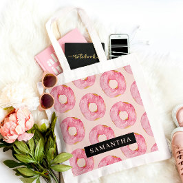 Moderne rosa WasserfarbenDonuts Muster mit Namen Tragetasche