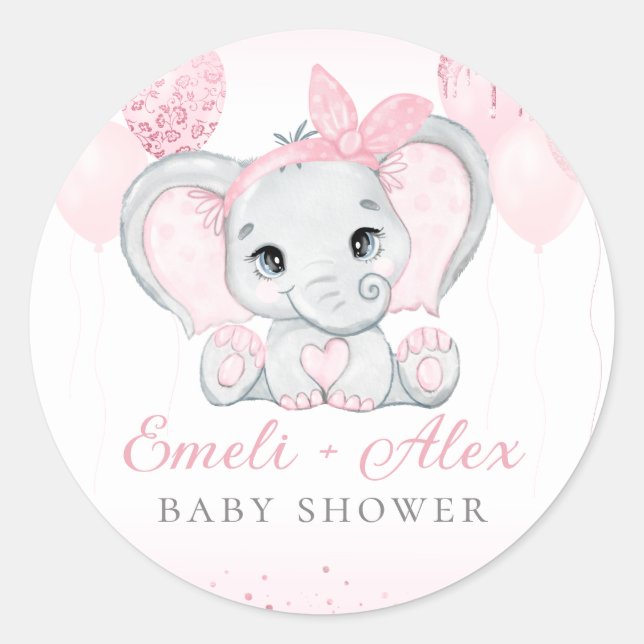 Moderne rosa Wasserfarbenlephant Girl Baby Dusche Runder Aufkleber (Vorderseite)