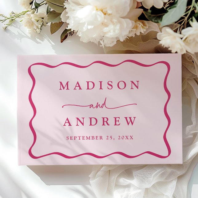 Moderne Rosa Wavy Frame Foto Hochzeit Gästebuch (Von Creator hochgeladen)