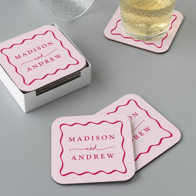 Moderne rosa Wavy Frame Wedding Rechteckiger Pappuntersetzer (Von Creator hochgeladen)