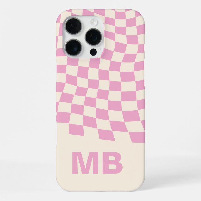Moderne rosa wellige karierte Muster-Monogramm iPhone Hülle (Rückseite)