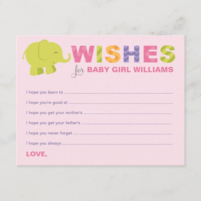 Moderne rosa Wünsche für eine Baby Girl Elephant D Hinweiskarte (Vorderseite)