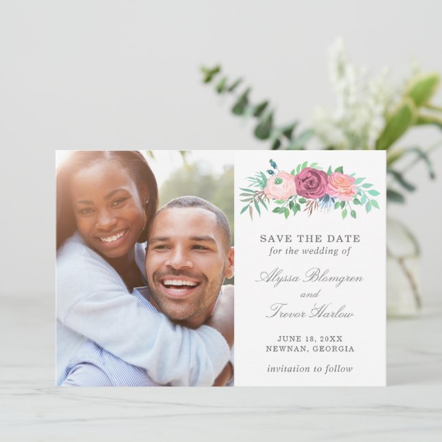 Moderne, rosafarbene Blumen Elegante Hochzeit Save The Date (Stehend Vorderseite)