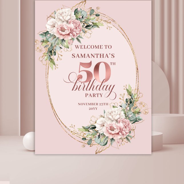 Moderne rosafarbene botanische Kulisse zum 50. Geb Wandteppich (Modern Blush Pink Botanical 50th Birthday Backdrop)