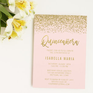 Moderne rosafarbene falsche Gold-Glitter-Quinceane Einladung