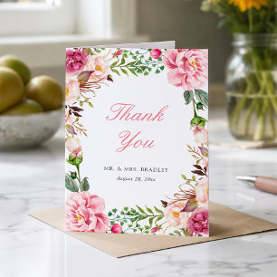 Moderne rosafarbene Floralkranz-Dankeschön Dankeskarte