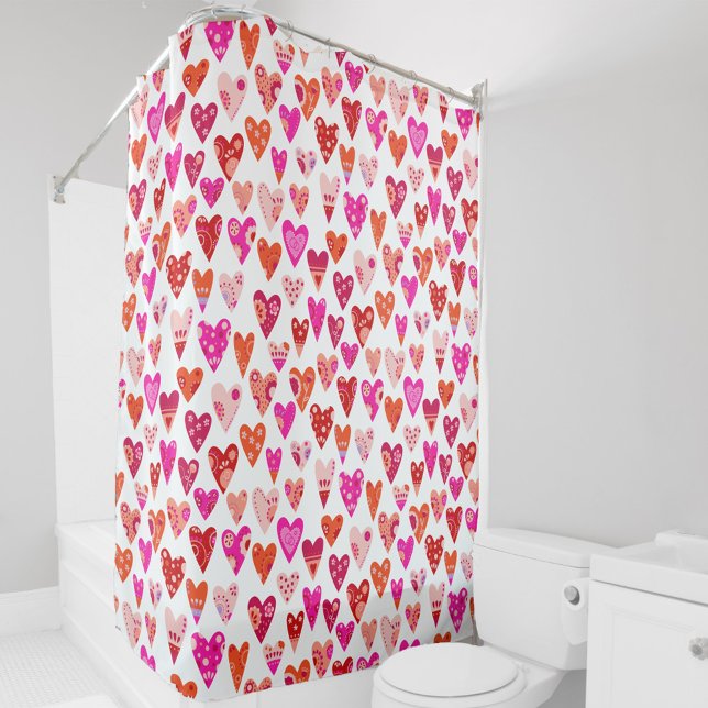 Moderne, rosafarbene Herzmuster Duschvorhang (Japandi pink and yellow floral heart pattern shower curtain)