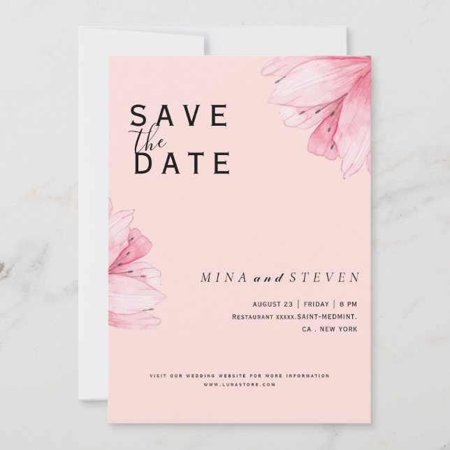 Moderne rosafarbene Hochzeit mit floraler Romance Save The Date (Vorderseite)