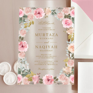 Moderne rosafarbene islamische Hochzeit im Blumend Acryleinladungen