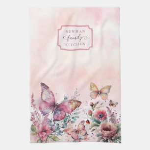 Moderne rosafarbene Schmetterlings-Wildblumen-Fami Geschirrtuch