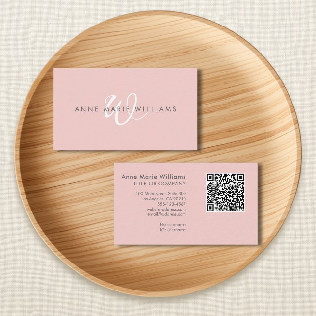 Moderne rosafarbene weiße Schriftmonogramm-QR-Code Visitenkarte (Von Creator hochgeladen)