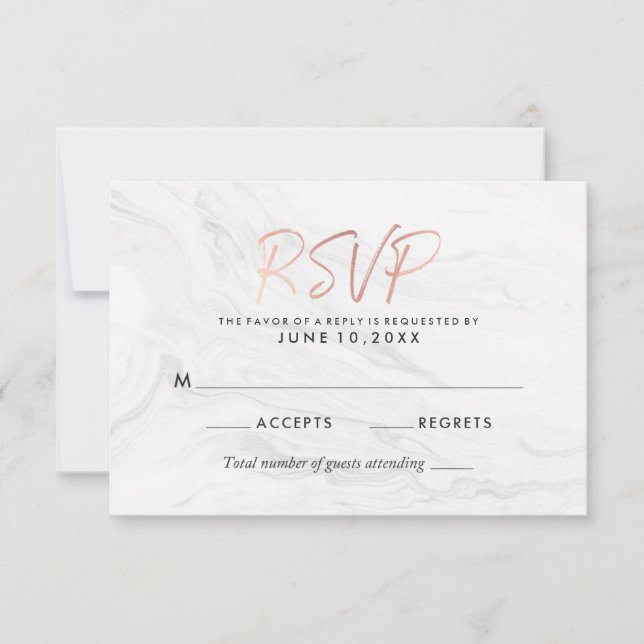 Moderne Rose aus weißem Marmor Gold Script Wedding RSVP Karte (Vorderseite)