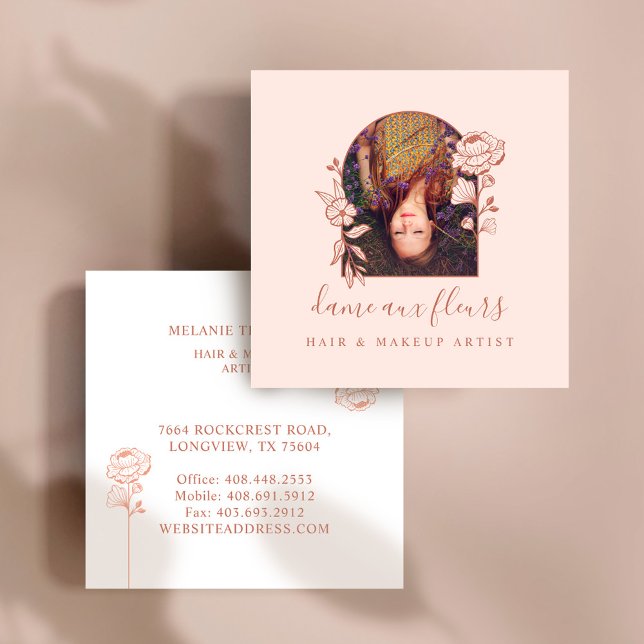Moderne Rose Beauty Foto Rosa & Braun Quadratische Visitenkarte (Modern Floral Rose Beauty Photo Arch Pink & Brown Square Business Card)