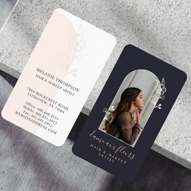 Moderne Rose Beauty Foto Schwarz Visitenkarte (Modern Floral Rose Beauty Photo Arch Black Business Card)