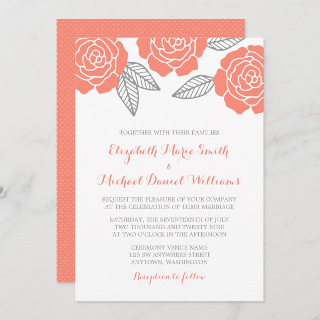 Moderne Rose für Hochzeiten in Grau und Korallen Einladung (Vorne/Hinten)