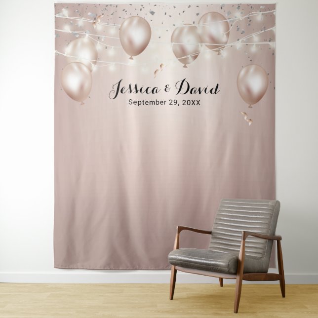 Moderne Rose Gold Balloons Streamers Hochzeit Wandteppich (Beispiel)