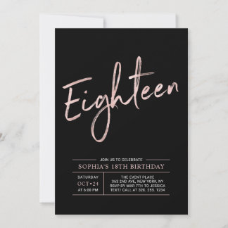 Moderne Rose Gold & Black 18. Geburtstagsparty Einladung