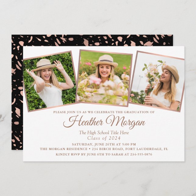 Moderne Rose Gold Black 3 Foto Graduation Party Einladung (Vorne/Hinten)