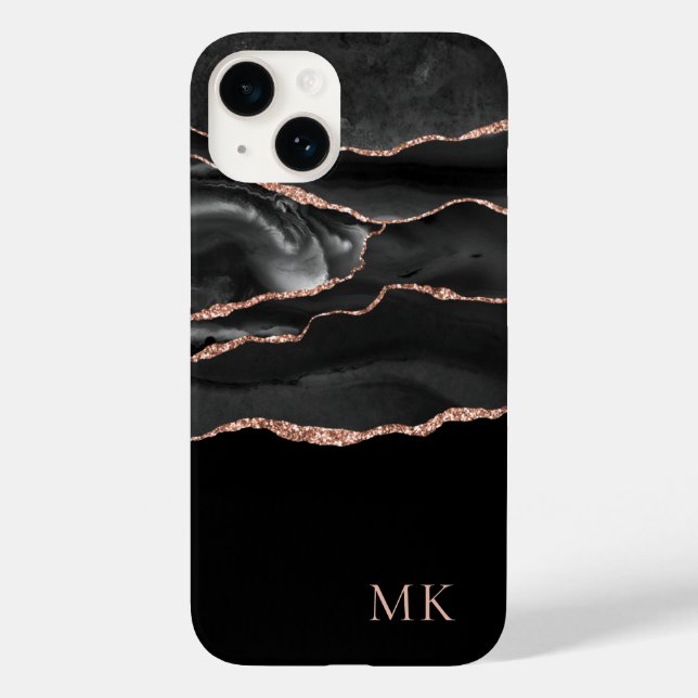 Moderne Rose Gold & Black Marble Achat Monogramm Case-Mate iPhone Hülle (Rückseite)